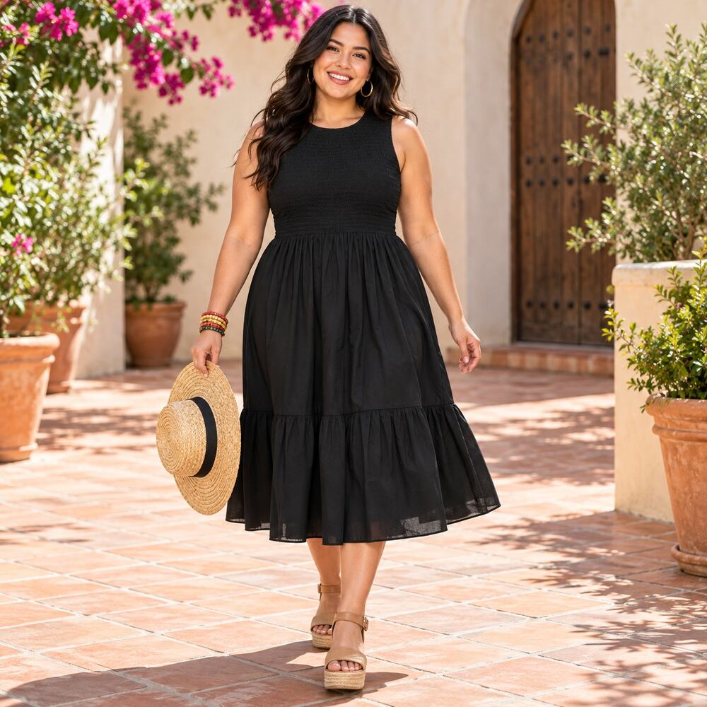 J.Crew Dress WMNS L Black Smocked Bodice Sleeveless Tiered Midi Dark Cottagecore